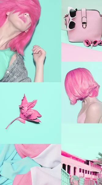 Modeästhetisches Moodboard. rosa und blau. Pastellfarbenes Flair — Stockfoto