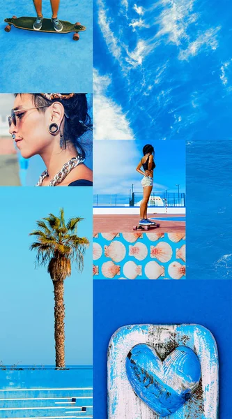 Moodboard estética de moda. Hora de verano. Vibraciones azules del mar — Foto de Stock