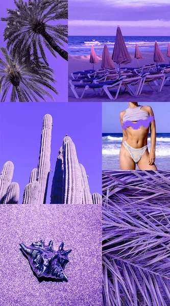 Fashion aesthetic moodboard. Purple minimal concept. Sea vibes