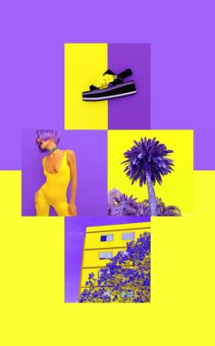  Estetik ahşap. Mor ve sarı minimal moda titreşimleri