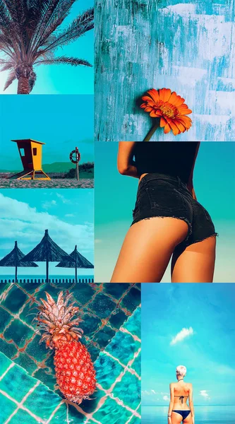 Mode esthetisch moodboard. Minimale blauwe zee vakantie vibes — Stockfoto