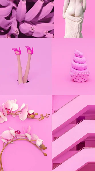 Moda moodboard estético. Cores rosa Pastel detalhes tendência — Fotografia de Stock