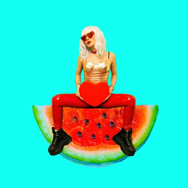 Freak girl sitting on a watermelon. Funny collage. Lover St. Val — Stock Photo, Image