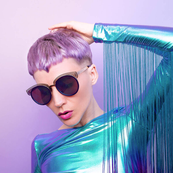 Futuristic Fashion Lady with violet short hair. Trendy haircut 