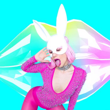 Disko Moda Tarzı 'ndaki Seksi Retro Lady. Oyuncu tavşan maskesi. Ni