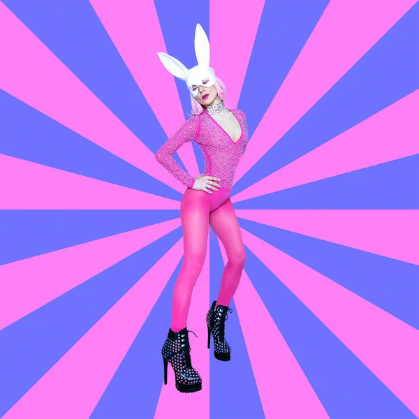 Sexy Retro Girl Disco Fashion Style. Playful rabbit mask.  Night — Stock Photo, Image