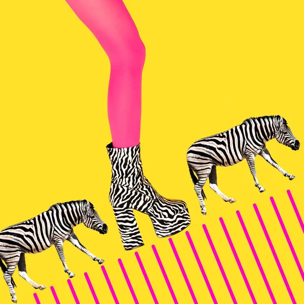 Stylish boots with high heels. Fake Zebra print. Go vegan.  Fash — Stock Photo, Image