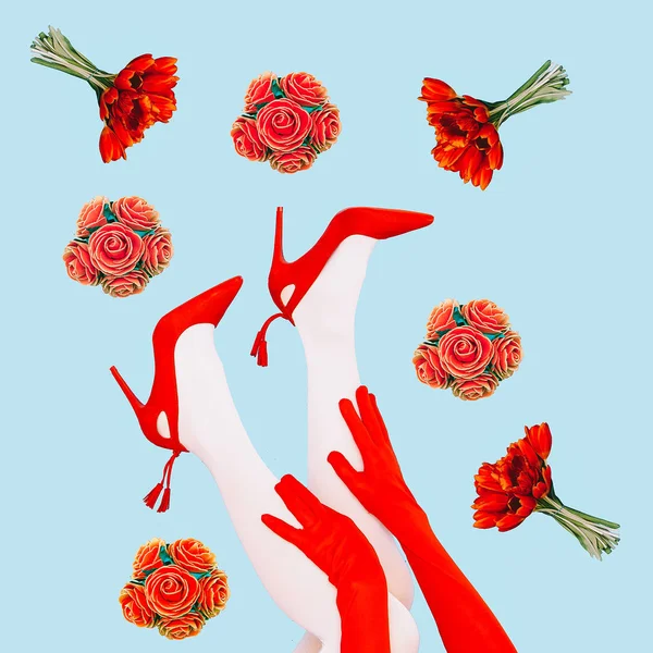Mode Collage Dame Retro Schuhe und Blumen — Stockfoto
