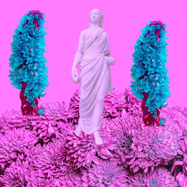 Greek statue in blooming space. Fashion collage art — Stock Photo, Image