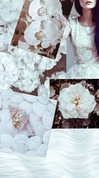 Mode estetiska moodboard. Trendiga vita blommor anbud blomma — Stockfoto