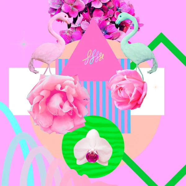 Colagem de arte contemporânea. Flamingo e composição de flores — Fotografia de Stock
