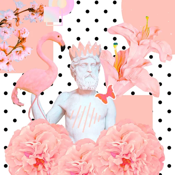 Collage d'art contemporain. Concept statue grecque à la mode sur les fleurs — Photo