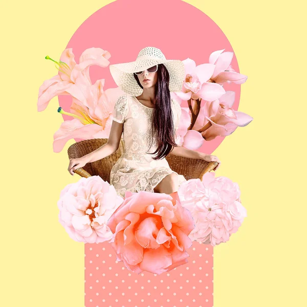 Contemporary art collage. Flowers vintage Lady. Bloom vibes — Stock Photo, Image