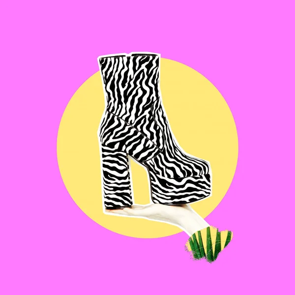 Collage d'arte contemporanea. Scarpe di moda zebra. Vibrazioni alla moda — Foto Stock