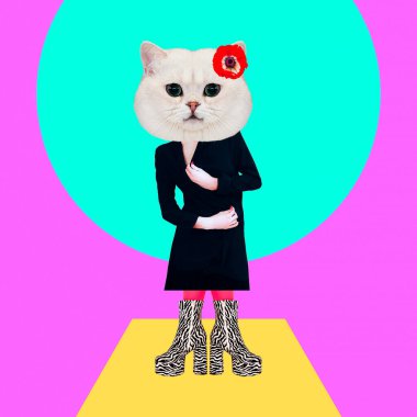 Çağdaş sanat kolajı. Eski moda Kitty komik kuklası