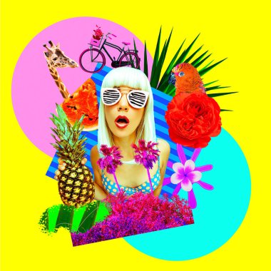 Contemporary art collage.  Vacation beach Girl. Summer tropical 