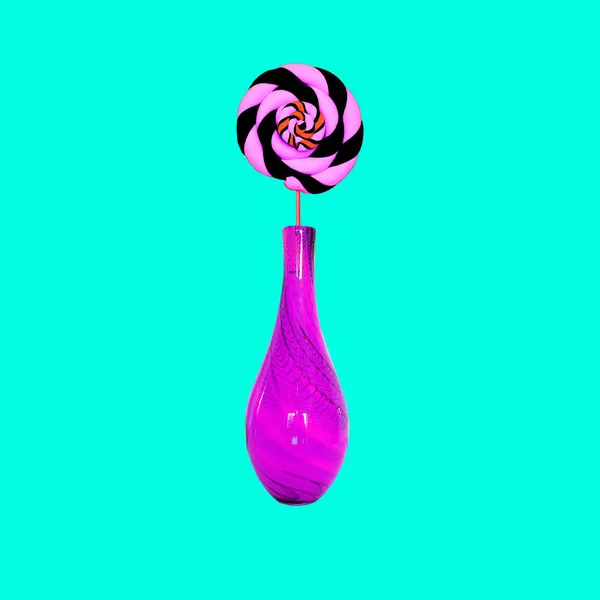 Colagem de arte contemporânea. Lolli pop em vaso. Arte de doces mínima — Fotografia de Stock