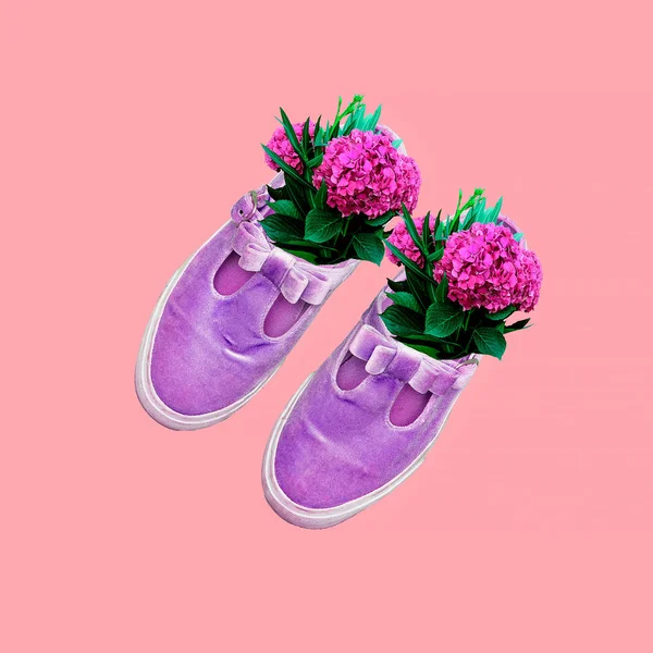 Collage de arte contemporáneo. Flores diseño zapatos minimalistas — Foto de Stock