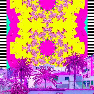 Estetik kolaj duvar kağıdı. Tropik plaj palmiyesi kaleydoskopu mi?