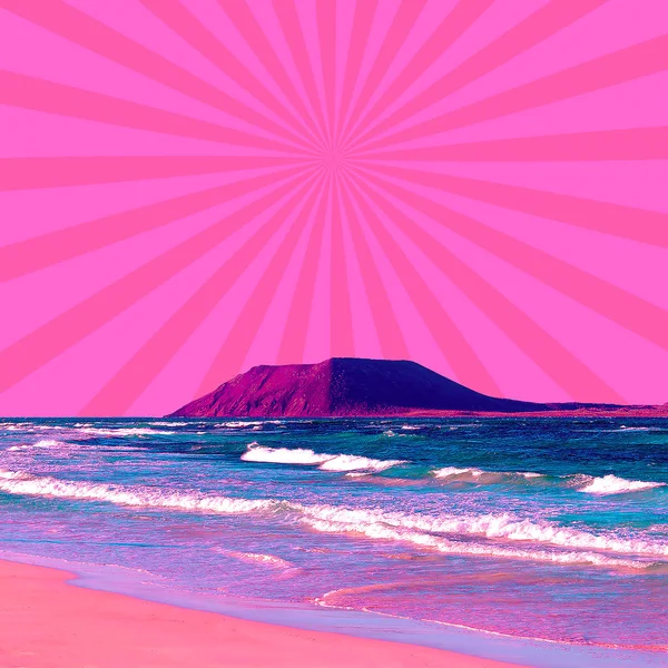 Aesthetic collage wallpaper. Beach ocean view and  geometry mix