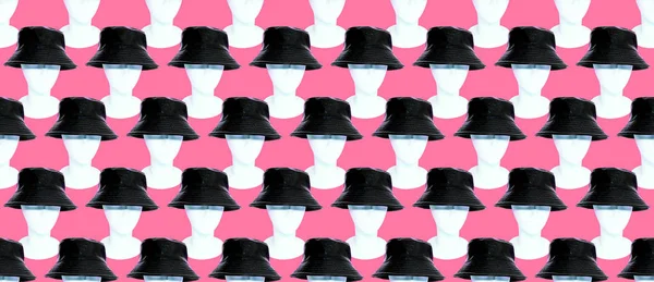 粉红背景上的无缝图案 戴着巴拿马帽的人体模特 时尚博客或杂志概念简约主义服装背景 — 图库照片