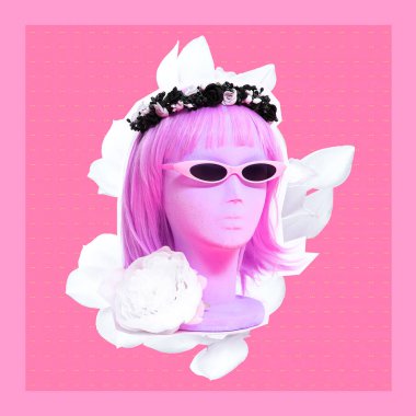 Çağdaş sanat kolajı. Moda bahar aksesuarları içinde aptal bir kız.