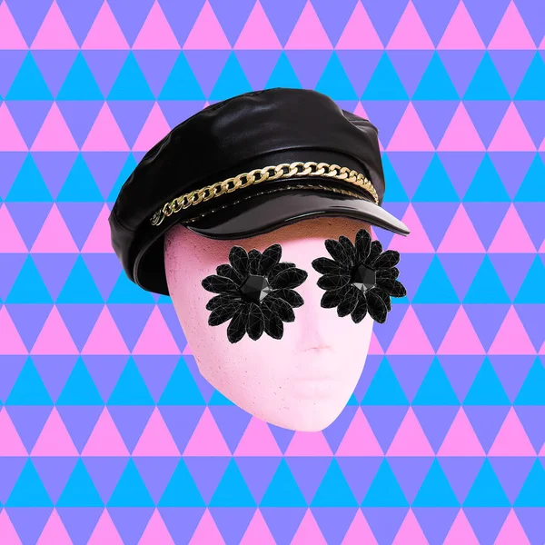 当代艺术拼贴 穿着时髦黑色帽子的人体模特 时尚配饰概念 — 图库照片
