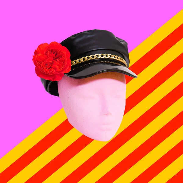 Collage Arte Contemporáneo Maniquí Moda Gorra Negra Con Flores Concepto — Foto de Stock