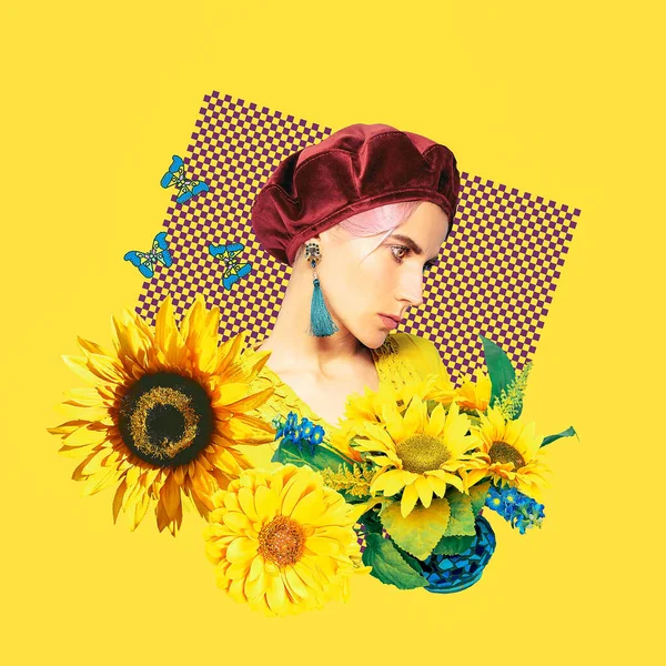 Çağdaş sanat kolajı. Spring Summer Vintage Lady. Güneşli sarı ruh hali