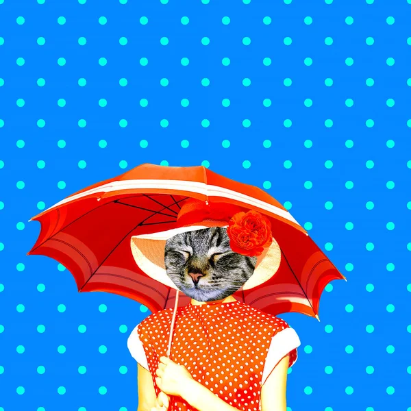 Contemporary Funny Art Collage Vintage Kitty Polka Dots Summer Mood — Stock Photo, Image