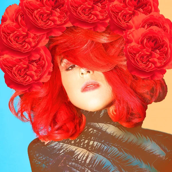 Kolase Seni Kontemporer Gadis Dengan Rambut Merah Dan Mawar Suasana — Stok Foto