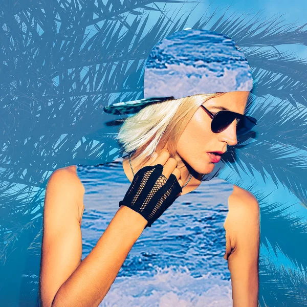 Contemporary Art Collage Fashion Blond Girl Blue Sea Summer Mood — Stock Photo, Image