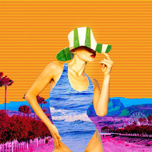 Collage Arte Contemporanea Fashion Beach Lady Stile Vacanza — Foto Stock