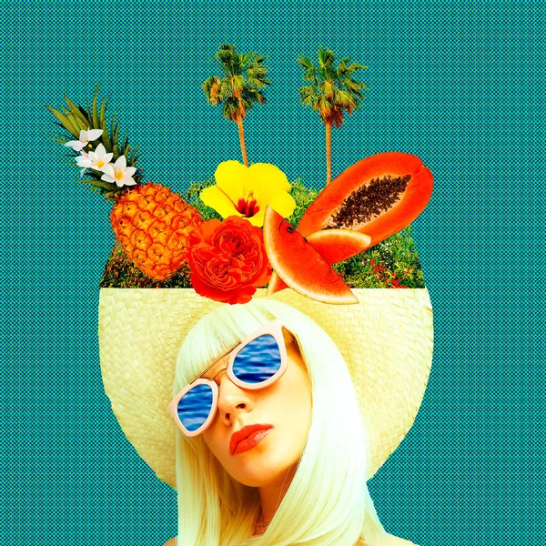 Collage Arte Contemporáneo Chica Amante Playa Moda Estilo Vacaciones — Foto de Stock