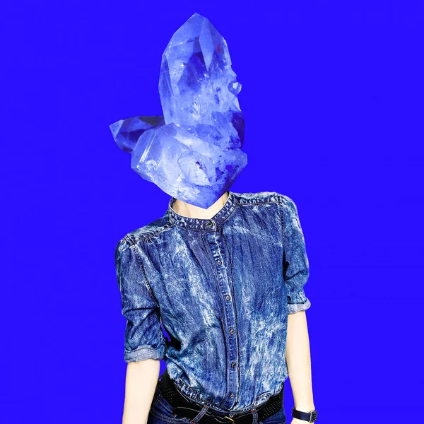 Collage Art Contemporain Jeune Fille Cristal Bleu Conception Minimale — Photo