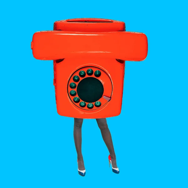 Contemporary Art Collage Red Lady Vintage Phone — Stock Photo, Image