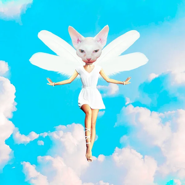 Collage Arte Contemporáneo Gatito Ángel Bly Fondo Cielo —  Fotos de Stock