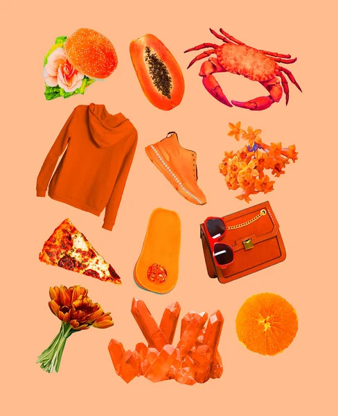 Orange Färg Konst Collage Kit Mode Objekt Estetiska Set — Stockfoto