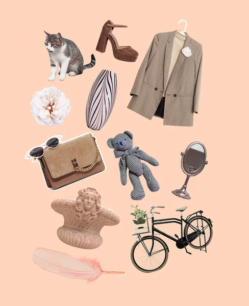 Beige Colour Art Collage Kit Fashion Objects Vintage Aesthetic Set — Stock Photo, Image