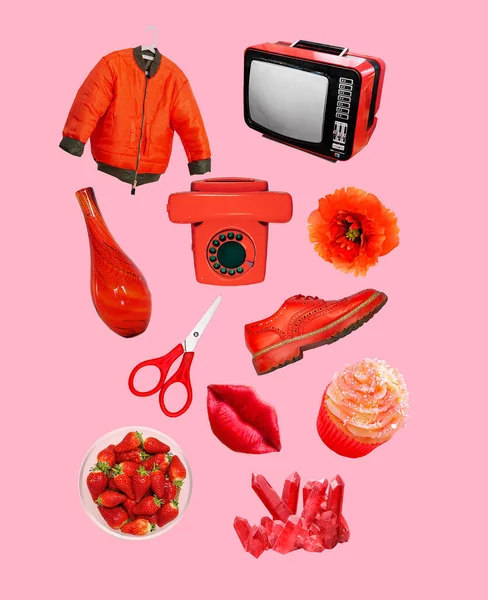 Röd Färg Konst Collage Kit Mode Objekt Vintage Estetiska Set — Stockfoto