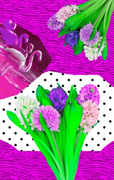 Creative wallpaper. Minimal geometry and bloom flowers collage art
