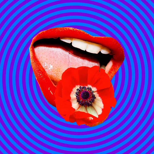 Hedendaagse Kunst Collage Lippen Rode Papaverbloemen — Stockfoto