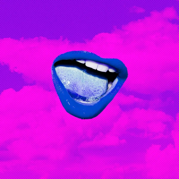 Contemporary Art Collage Lips Purple Sky — Stock Photo, Image