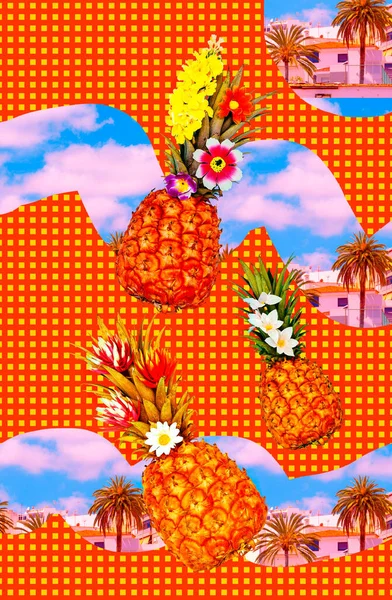 Mode Esthétiques Moodboard Walpappers Ananas Fond Géométrique Tropical Fruits Concept — Photo