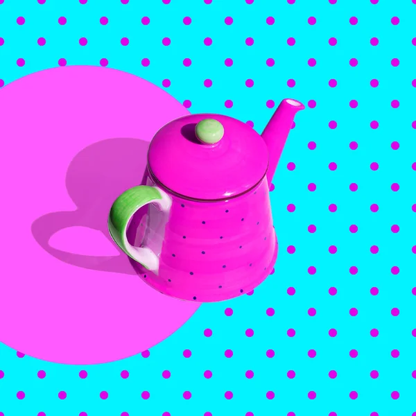 Contemporary Art Collage Cute Pink Tea Pot Polka Dots Background — Stock Photo, Image