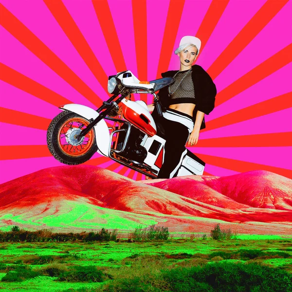 当代艺术拼贴 街上风格骑摩托车的女士 — 图库照片