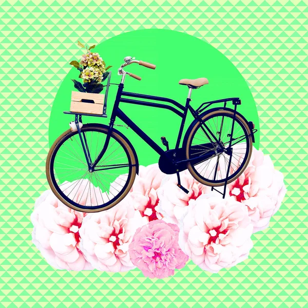 Contemporary art collage. Bike and flowers. Summer bloom mood