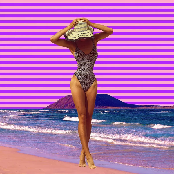 Hedendaagse Kunst Collage Tan Lady Aan Oceaan Zomer Vakantie Stemming — Stockfoto