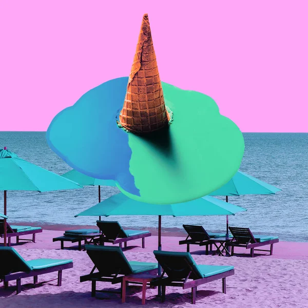 Kolaż Sztuki Współczesnej Topniejące Kolorowe Lody Lokalizacja Plaży — Zdjęcie stockowe
