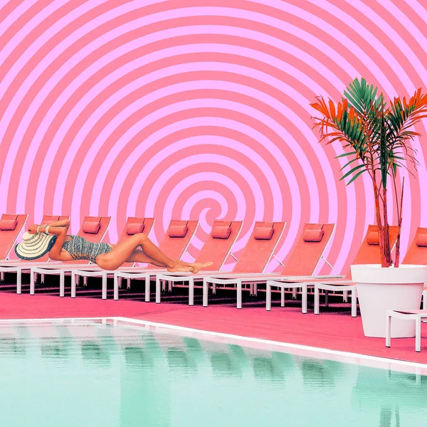 Collage Zeitgenössischer Kunst Gebräuntes Mädchen Schwimmbad Urlaub Entspannt Zeit — Stockfoto
